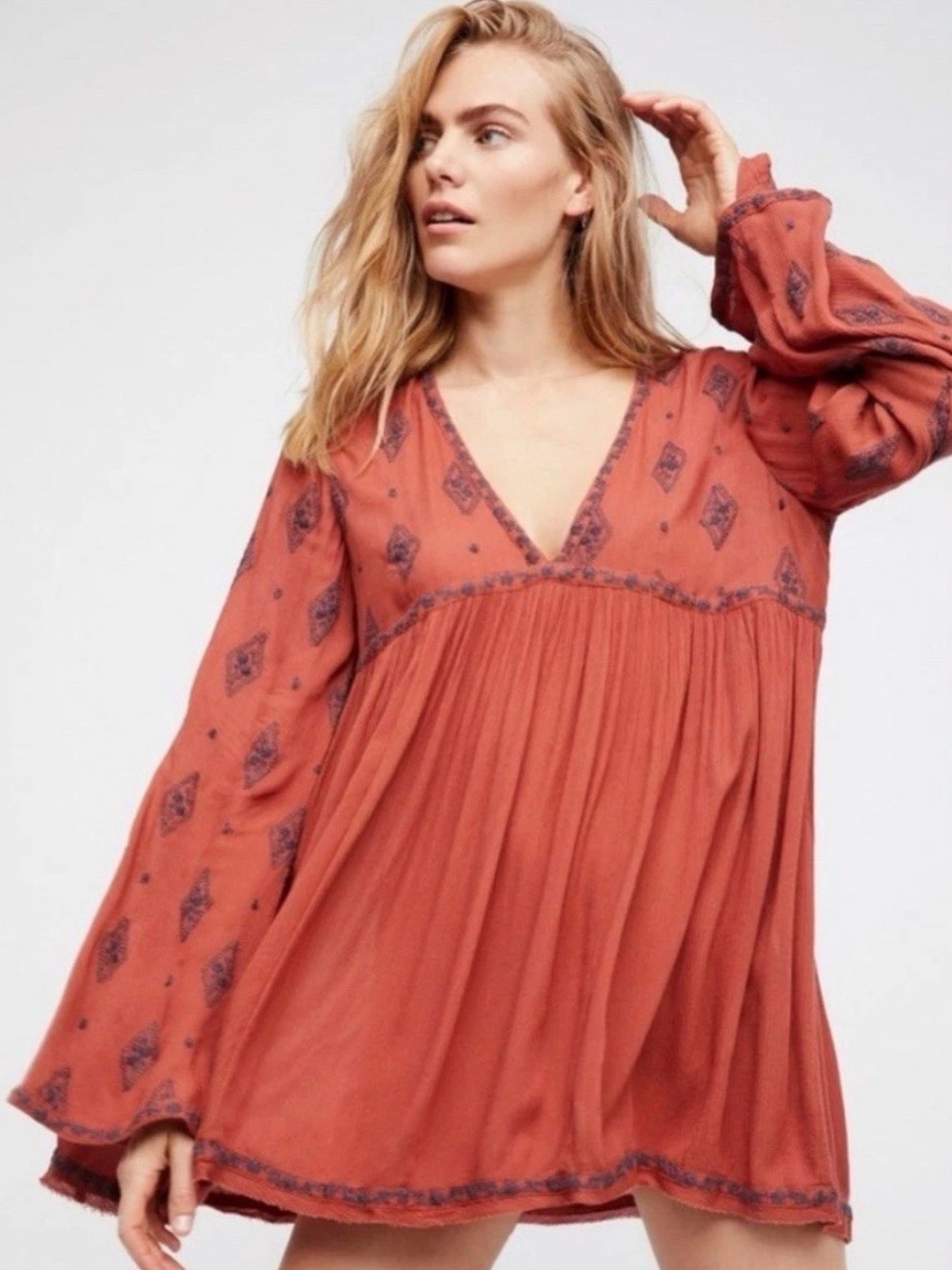 FREE PEOPLE Rustic Diamond Embroidered Boho Tunic M Rust Cinnamon